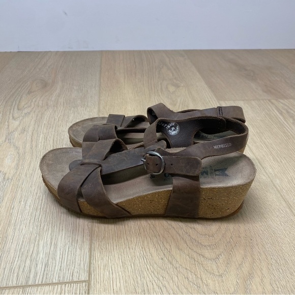 Mephisto Muguet Quarter Strap Brown Leather Wedge Sandal Orthopedic - Picture 3 of 5